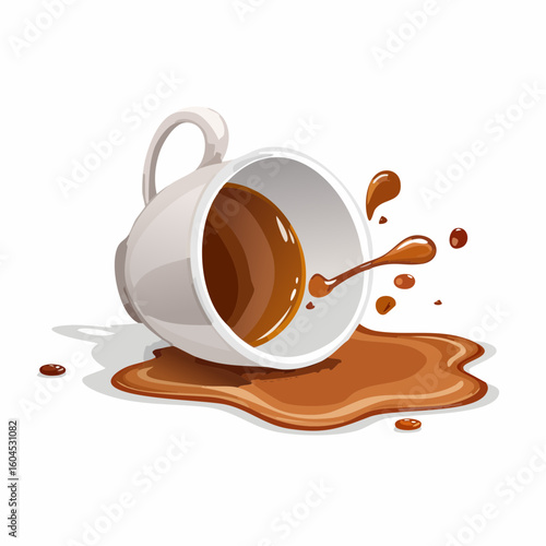 Spilled coffee cup – Ceramic cup tipped over with a coffee puddle and splash effect
