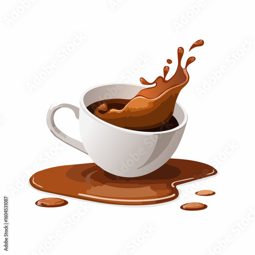 Spilled coffee cup – Ceramic cup tipped over with a coffee puddle and splash effect
