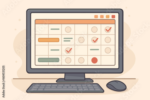 Computer calendar on a desktop pc screen. Time planning and schedule management concept. Organizer for business agenda, task tracking, and project deadlines. Vector illustration.