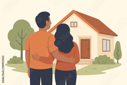Couple buying new house. Man and woman looking at their dream home. Real estate and property ownership concept. Future investment and mortgage. Vector cartoon illustration.