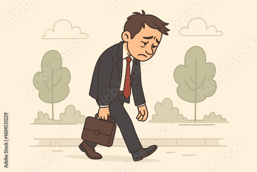 Depressed tired businessman walking alone outdoors feeling sad stressed exhausted after work day. Mental health burnout concept. Lonely professional commuting home