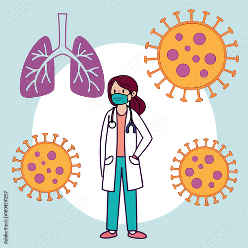 Masked woman doctor stands amidst floating lungs and viruses on a pale background