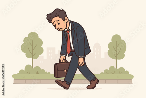 Depressed tired businessman walking alone outdoors feeling sad lonely burnout stress mental health work life balance concept vector cartoon illustration employee exhaustion