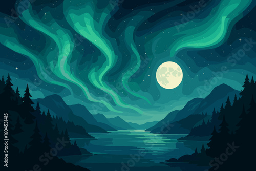 Aurora borealis northern lights magical night landscape vector. Moon starry sky fjord mountains forest reflection. Beautiful mystical Norway nature scene illustration background