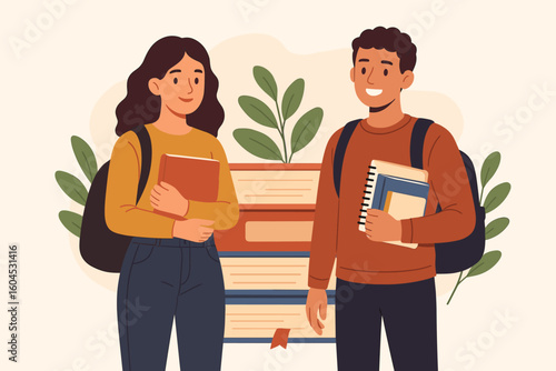 Diverse students learning education vector illustration. Male female university college pupils with books backpacks studying together. Cartoon flat design academic knowledge concept