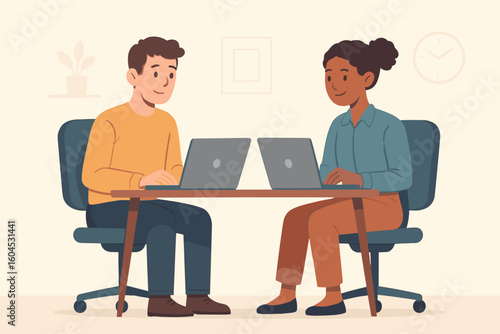 Business teamwork office collaboration vector illustration. Two people colleagues working together laptops computers. Coworking workspace meeting cartoon
