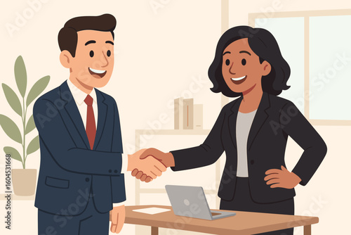 Business handshake agreement deal partnership success. Professional man woman businesspeople office meeting collaboration teamwork. Vector illustration cartoon