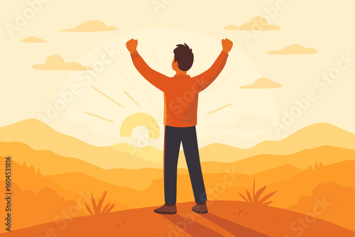 Personal victory and achievement concept with single person standing on mountaintop at sunrise, celebrating success, inner triumph, motivation, confidence, freedom, hope, positive mindset