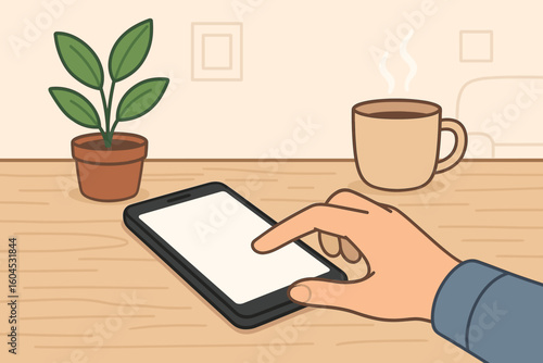 Hand using smartphone on wooden desk at home workspace. Touch screen mobile device mockup. Coffee cup and plant decoration. Vector illustration flat design cartoon style