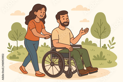 Disability support care assistance. Woman helping wheelchair user man outdoor park walk. Accessibility inclusion friendship. Vector illustration
