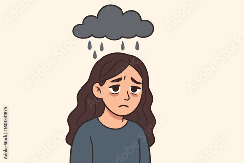 Depression mental health concept woman sad face dark storm cloud rain psychology mood disorder emotional stress anxiety melancholy vector illustration