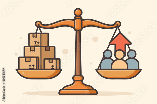 Law of supply and demand concept with scale. Vector illustration showing imbalance where high consumer demand outweighs product supply, affecting market price and economy.