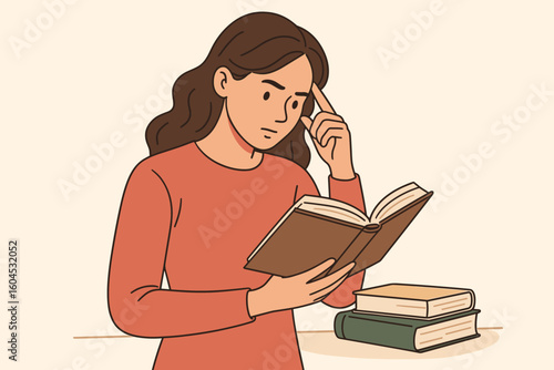 Woman studying reading book thinking learning education concept. Female student self-education literature indoors. Vector cartoon illustration knowledge development