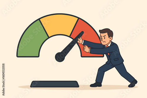 Business risk management reduction concept. Businessman working hard to decrease financial danger level meter gauge. Corporate crisis control performance improvement vector
