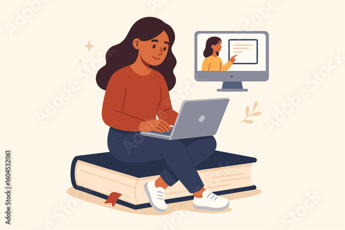 Online learning student vector illustration. Woman studying on laptop computer sitting on books. Digital education e-learning remote class concept design