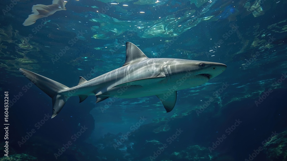 Obraz premium An underwater scene features a shark gliding effortlessly, revealing its stylish physique and refined fins.