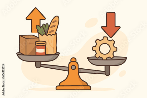 Law of supply and demand. Economic concept with a weight scale balancing consumer goods and industrial production. Market equilibrium, trade, inflation, and price metaphor vector.