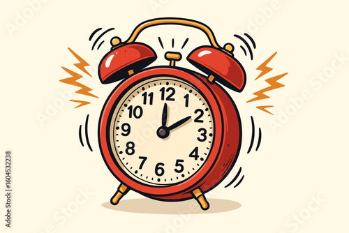 Ringing red alarm clock vector illustration. Vintage twin bell timepiece making loud sound with motion lines. Wake up time concept. Morning alert cartoon graphic design symbol icon