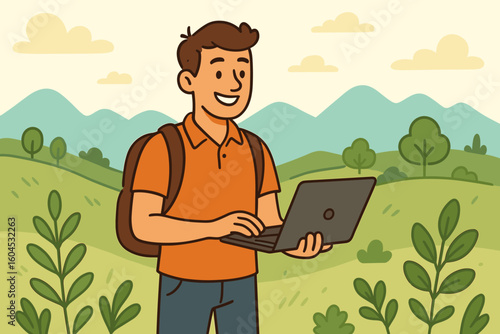 Remote work freedom concept. Happy man with laptop computer working outdoors in nature landscape. Digital nomad lifestyle. Work from anywhere flexibility vector illustration