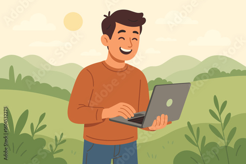 Remote work freedom digital nomad man laptop outdoor office nature landscape freelancer working anywhere concept vector illustration business lifestyle technology