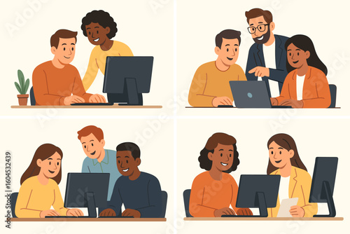 Wallpaper Mural Diverse business teamwork vector illustration set. Office colleagues collaborating on computers in modern workplace. Professional team meeting and cooperation cartoon Torontodigital.ca