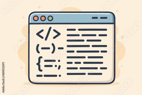 Coding programming web development vector illustration. Browser window with HTML CSS JavaScript code. Software development computer screen cartoon flat design style