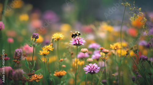 Rusty patched bumble bee collecting nectar from wildflower
