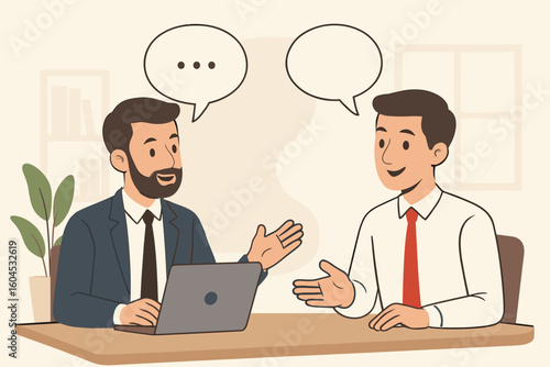 Professional business colleagues conversing in modern office environment with speech bubbles, teamwork discussion, corporate communication meeting vector illustration
