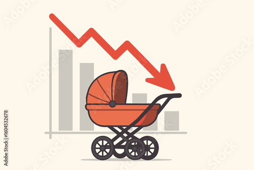 Declining birth rate demographics concept vector illustration. Baby stroller with falling statistics chart graph. Population decrease trend symbol social issue