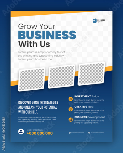 Corporate, creative, company promotion business flyer, digital marketing agency poster design template, A4 seminar flyer layout, proposal, leaflet, annual report with blue yellow and white background