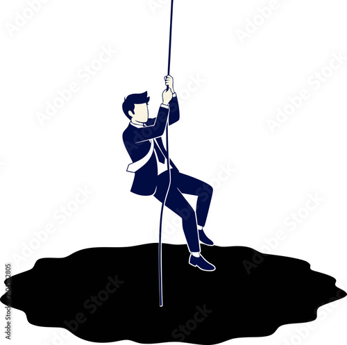 A metaphor for the fear of being fired due to fatigue. A person hangs over a precipice on a thinning rope, symbolizing the precariousness of their position and the risk of losing their job.