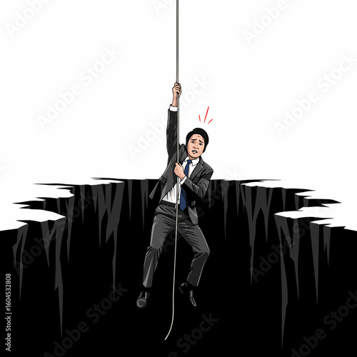 A metaphor for the fear of being fired due to fatigue. A person hangs over a precipice on a thinning rope, symbolizing the precariousness of their position and the risk of losing their job.