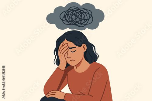 Woman depression anxiety illustration. Female person holding head suffering mental health problem burnout fatigue clouded confused mind emotional distress psychological