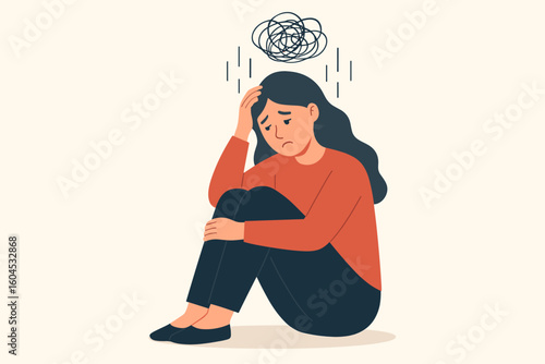 Woman depression anxiety vector illustration girl mental health problem stress burnout concept overwhelmed sad female psychological distress mind confusion emotional