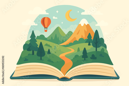 Open book fantasy landscape vector illustration magical storybook world mountains trees hot air balloon reading adventure concept educational imagination dream journey path