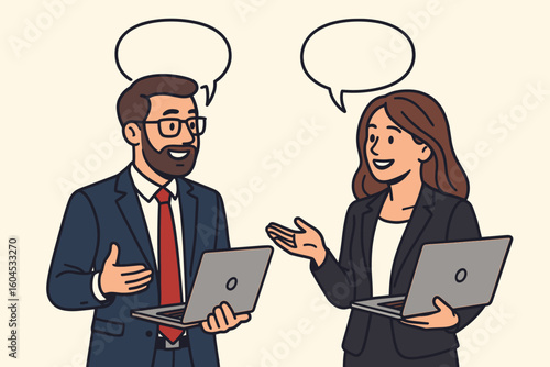 Business professionals dialogue conversation meeting. Corporate teamwork collaboration discussion. Man woman colleagues talking laptops technology vector illustration