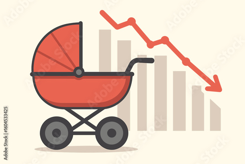 Low birth rate and fertility crisis concept. Baby stroller with a falling graph. Demographic problem, population decline and low number of newborns vector illustration.