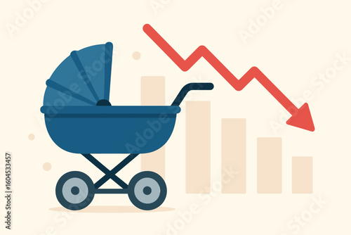 Low birth rate and fertility crisis concept. Vector illustration of a baby stroller with a falling graph chart. Population decline, demographic problems, childbirth statistics.