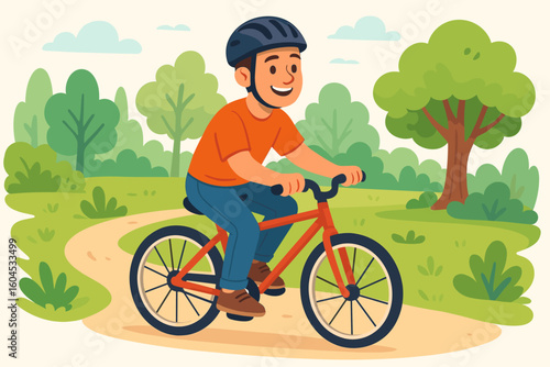Man riding a bicycle in a park. Happy person on a bike enjoying an outdoor activity. Healthy lifestyle concept. Summer sport and leisure in nature. Vector cartoon illustration.
