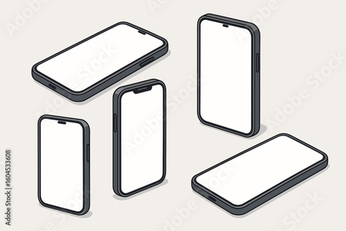 Collection of isometric mobile phone mockups. Smartphones with blank white screens for app or website presentation. Modern device vector set in various angles for UI UX.