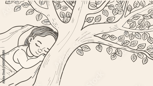 Illustration of a sleeping child resting against a large tree with many leaves on its branches silhouette