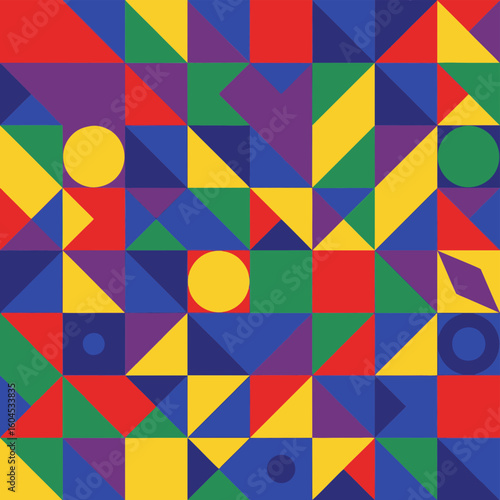 Vibrant seamless geometric pattern with a playful mosaic of squares, triangles, and circles in primary colors, evoking a modern, retro, or Bauhaus style.