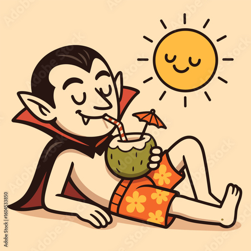 A cute cartoon vampire in beach shorts sipping coconut juice under a smiling sun.