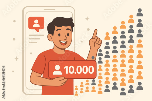 Social media followers celebration. Man with 10k subscribers notice. Influencer marketing success. Growing channel audience. Digital community growth vector concept.