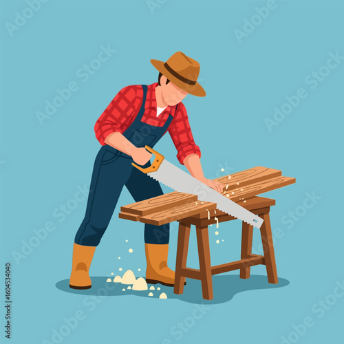 Carpenter Sawing Wood with Hand Saw Outdoor Making Furniture
