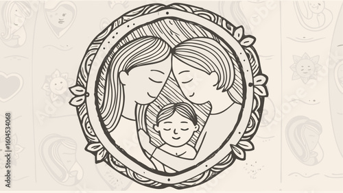 Illustration of two women embracing a child within an ornate circular frame with decorative elements around it silhouette