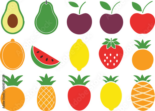Collection of colorful fruit silhouettes isolated on transparent background