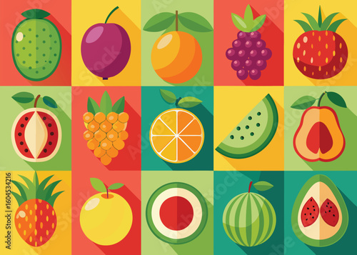 Collection of colorful fruit icons silhouette isolated on transparent background