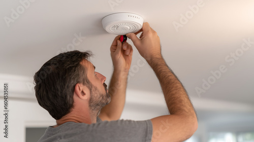 Changing smoke detector batteries on ceiling
