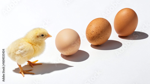 Yellow chick placed next to stand brown eggs  with white blackground -  differentiation business